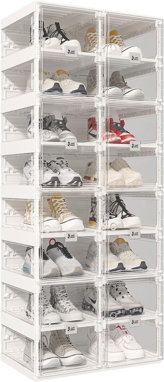 ANTBOX Foldable Shoe Rack,Shoe Organizers for Closet Plastic Shoe Storage Box Space Saving for Entryway, Large Sturdy Stackable Sneaker Cabinet Bins with Magnetic Clear Door 8 Tiers 16 Pairs by ANTBOX