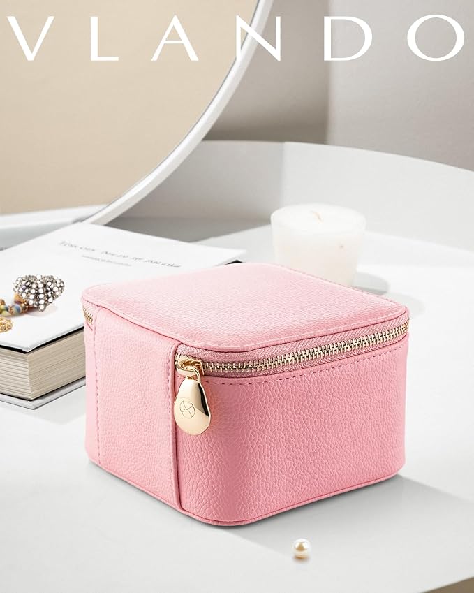 VLANDO Travel Jewelry Box for Women,Faux Leather Jewelry Case with 6 Velvet Jewelry Zipper Pockets,Gift Ideas for Women Wife Earrings Necklace Rings Storage Boxes(Strawberry Pink) - Image 6