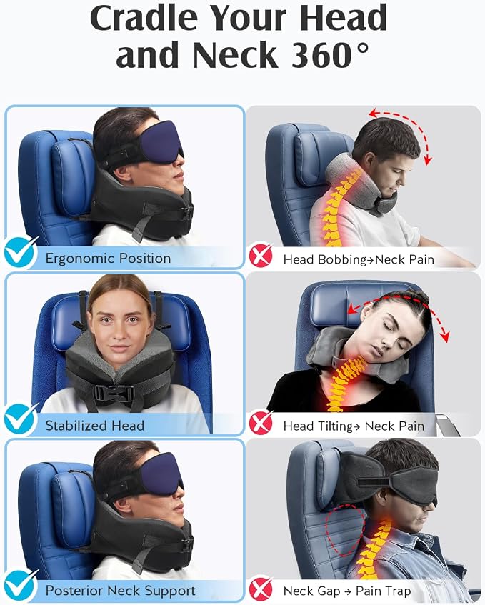 YFONG Travel Pillow for Long Flight Airplanes, Head Strap Combo with 3D Contoured Eye Mask for Sleep, Neck Pillow for Car Trip Essential, 360° Support Memory Foam Headrest, Prevent Bobbing, Blue - Image 4