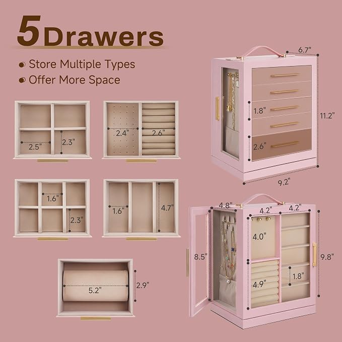 360° Rotating 5‑Drawers Jewelry Box with Top Handle & Glass Window, Spacious Vertical Jewelry Organizer, Jewelry Storage Case, Dustproof & Moisture‑resistant Design. (Pink) - Image 6
