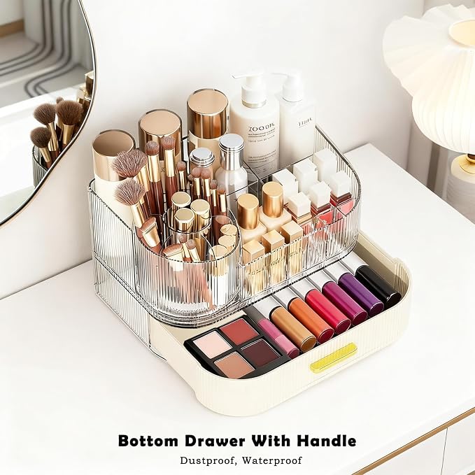 Makeup Organizer Countertop with 360 Rotating Brush Holder, Make Up Organizers For Vanity With Drawer, Bathroom Countertop Skincare Organizer And Storage - Image 5