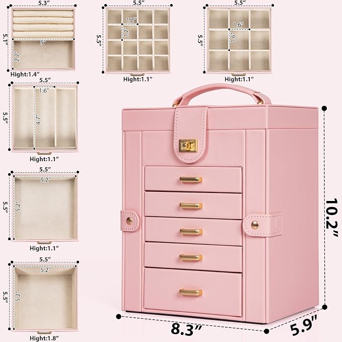 AKOZLIN 6-Tier Jewelry Box Organizer Functional 5 Drawers Leather Jewelry Storage Case for Women Girls Ring Necklace Earring Bracelet Holder Organizer with Mirror Light Pink Regular - Image 5