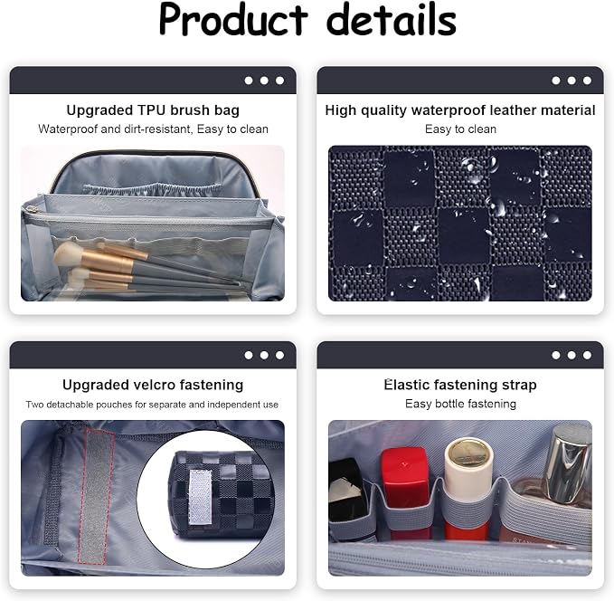 BOYATU Travel Makeup Bag Organizer: 3 Pcs Set Large Capacity Cosmetic Bags Holds 10–20 100ml Full-Size Bottles - 180°Open-Flat Make up Case 3-sec touch-up - Toiletry Bag Gift women (03-A-Dark Blue) - Image 4