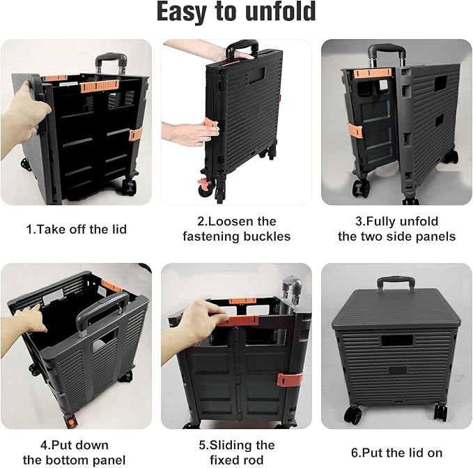 Quick Utility Cart Folding Portable Rolling Crate Handcart with Durable Heavy Duty Plastic Telescoping Handle Collapsible 4 Rotate Wheels for Travel Shopping Moving Luggage Office Use (black&pink lid) - Image 8