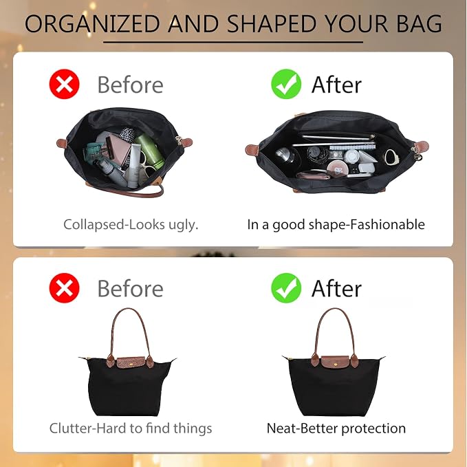 Soft Nylon Purse Organizer Insert for Longchamp Le Pliage M Tote Bag Long Handle, Lightweight Luxury Long Champ Medium Divider Shaper with Cup Holder,Zipper Bag Inner with Deepened Pockets,M/Black - Image 5