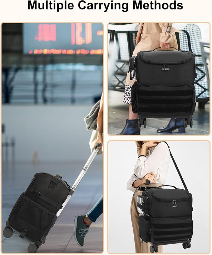 Relavel Rolling Makeup Case, Professional Makeup Artist Set Bag Cosmetic Organizer with 4 Clear Bags & Adjustable Dividers, Large Capacity Travel Train Case, Black - Image 3