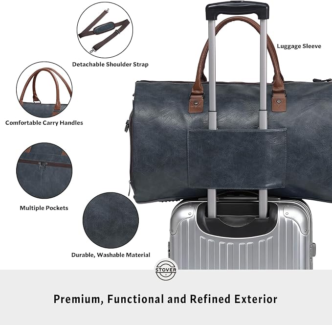 STOVER Garment Travel Duffle Bag, Large 2-in-1 Convertible Carry-on Luggage for Men & Women- Hanging Suits, Dresses & Clothes + Shoe Compartment- Weekender Tote Combo Duffel (Blue Leatherette) - Image 4