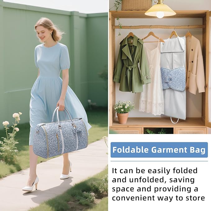 Travel Garment Bag for Women, Foldable Carry On Garment Duffle Bag 20.5x10x12.5 Inch, Convertible Overnight Bags with Shoe & Toiletry Pockets for Business Trip, Vacation, Party, Blue-White - Image 7