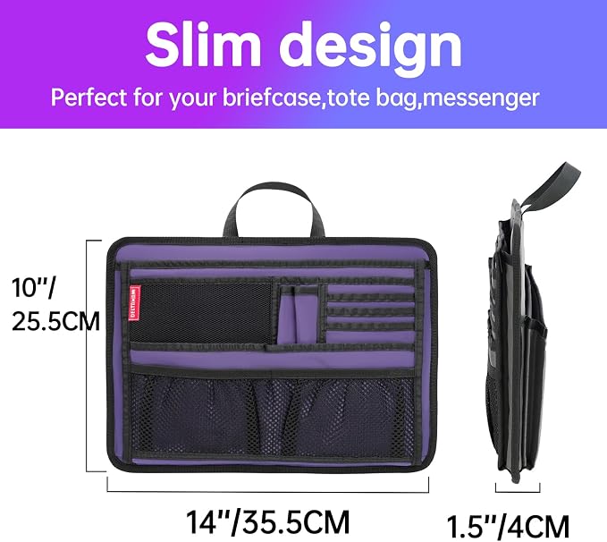 Slim Rugged Organizer Insert for Briefcase Messenger Tote Bag-13 Pockets,Durable Padded Nylon,Handle - Purple - Image 5