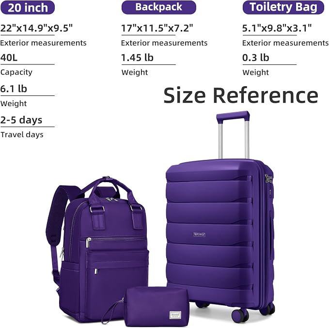 Carry On Luggage 22x14x9 Airline Approved, 22 Inch PP Hardshell Luggage Carry-on Suitcase with Spinner Wheels, Carry On Suitcase Set for Women(Purple) - Image 6