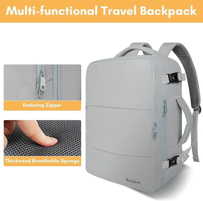 Taygeer Carry On Backpack for Men Women, Travel Backpack with Shoe Pouch | Laptop Mochila 17.3inch Flight Approved with Water Bottle Pocket, College Teacher Tote Bag for Business Travel, Grey - Image 8