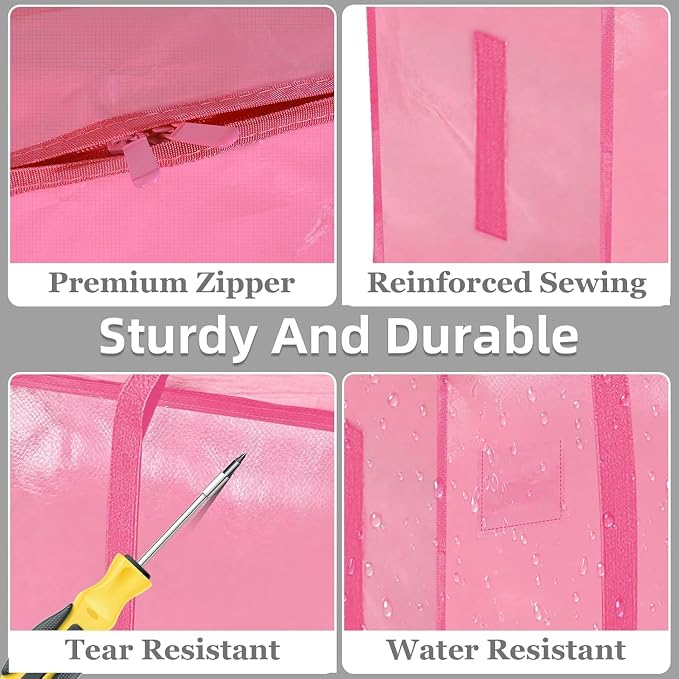 16 Pack-Extra Large Heavy Duty Moving Bags - Waterproof Storage Totes with Handles & Zippers, Foldable for College Dorm, Storage (Pink) - Image 4