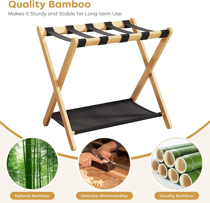 oakvivo Fully Assembled Luggage Rack, 26.77" Natural Luggage Rack for Guest Room, Bamboo Folding Suitcase Stand with Fabric Storage Shelf, Heavy Duty 5 Nylon Straps Luggage Holder for Hotel, 1 Pack - Image 7