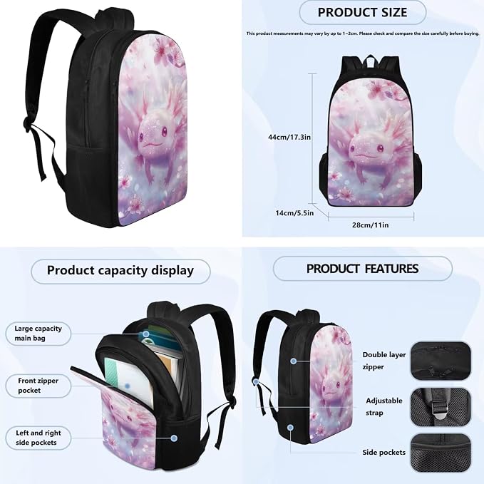 Cherry Blossom Axolotl Backpack for Girls Kids Backpack with Lunch Box Water Bottle Carrier and Aesthetic Pencil Case 4PCS Set Cute Bookbag with Compartments for School 17" Large School Bag - Image 4