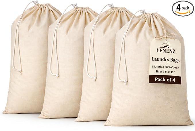 4 Pack Reusable Laundry Bags - 100% Cotton Multi Purpose Travel Laundry Bag - Durable & Machine Washable - Large Laundry Bag 28 x 36" by Lenenz