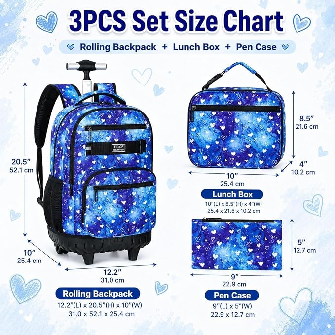3Pcs Rolling Backpack for Girls, 19 Inche Women Roller Bag with Wheels for Adults, Wheeled Bookbag with Lunch Box(Blue) - Image 4