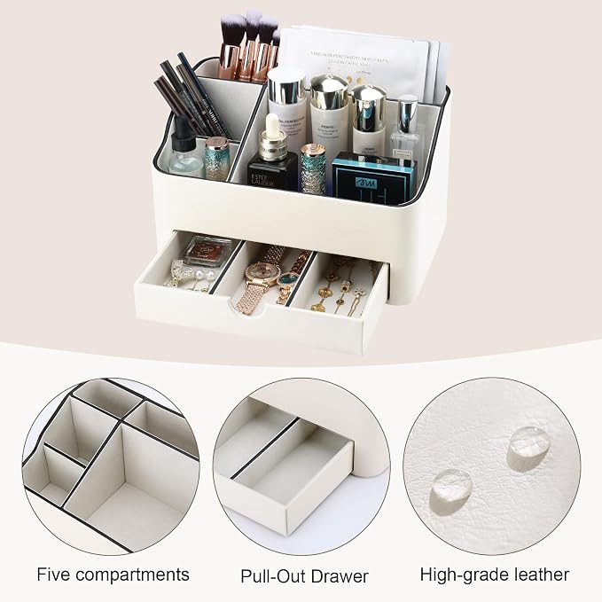 KINGFOM PU Leather Makeup Organizer with Drawer, Skincare Organizer for Vanity, Cosmetic Storage for Dresser Countertop, Beauty Holder for Lipstick Brush Skincare (Ivory White) - Image 9