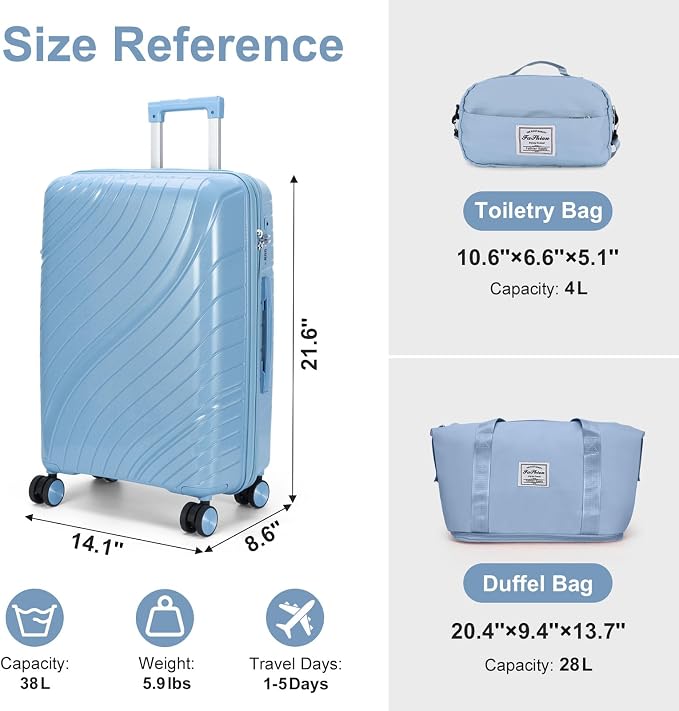 Karl home Luggage Sets 3 Piece, PP Hardshell Carry on Suitcase with Bags, Lightweight Suitcase Sets with Spinner Wheels TSA Lock Waterproof Rolling Luggage for Travel (3pcs, Sky Blue) - Image 3