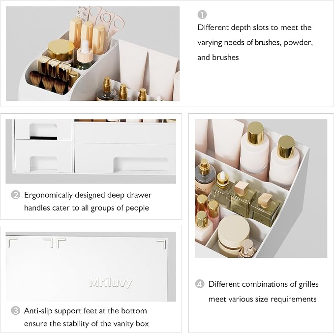 Makeup Organizer with Drawers,Large Cosmetic Storage Box,Countertop Skincare Organizer,ABS Makeup Brush Holder for Bathroom,Desk,Dresser,Multifunctional Beauty Display Case,White transparent - Image 5