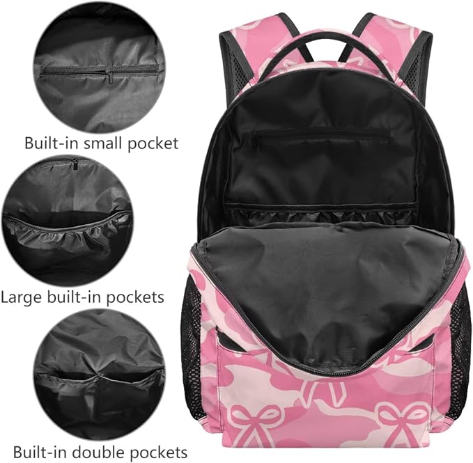 4-Piece Girls Camo Bow School Backpack Set for Kindergarten Elementary Students, Camouflage Pink Ribbon Bookbag and Lunch Bag, Lightweight Water Resistant School Bag - Image 3
