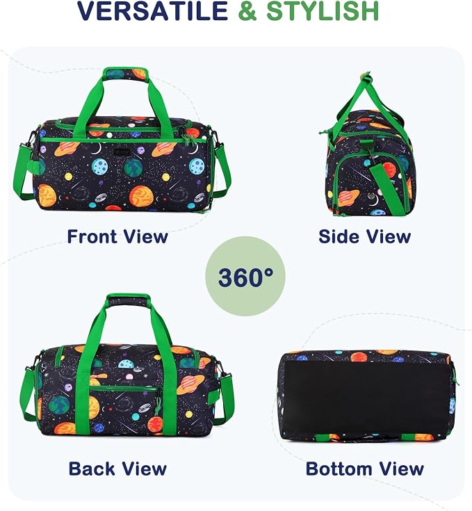 Kids Duffle Bag,VASCHY Travel Bag for Boys Water Resistant Overnight Duffle Gym Sport Dance Bags with Shoes Compartment Dry and Wet Pocket Carry On Weekender Bag Green Space - Image 6