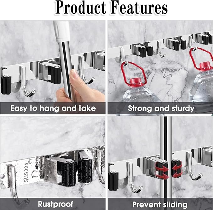 AceMining 5 Racks and 4 Hooks Mop and Broom Holder Wall Mount, Broom Organizer Storage Tool Racks Stainless Steel Heavy Duty Hooks Self Adhesive Solid Non-slip for Home Kitchen Garden Laundry Garage - Image 2