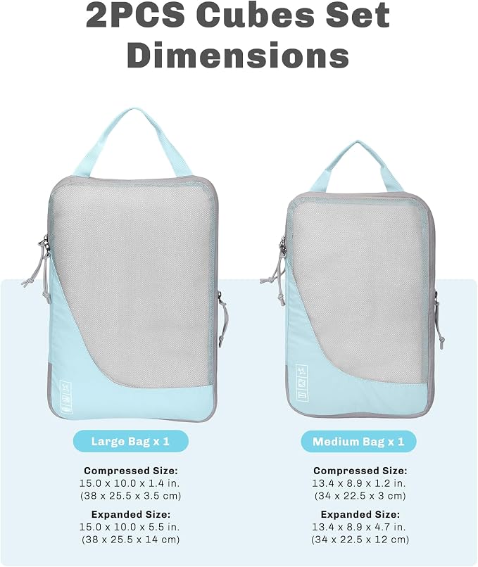 Hynes Eagle 6 Set/ 4 Set/ 2 Set Compression Packing Cubes Travel Essentials Lightweight Nylon Luggage Suitcase Organizer Bag Light Blue 2PCS - Image 2