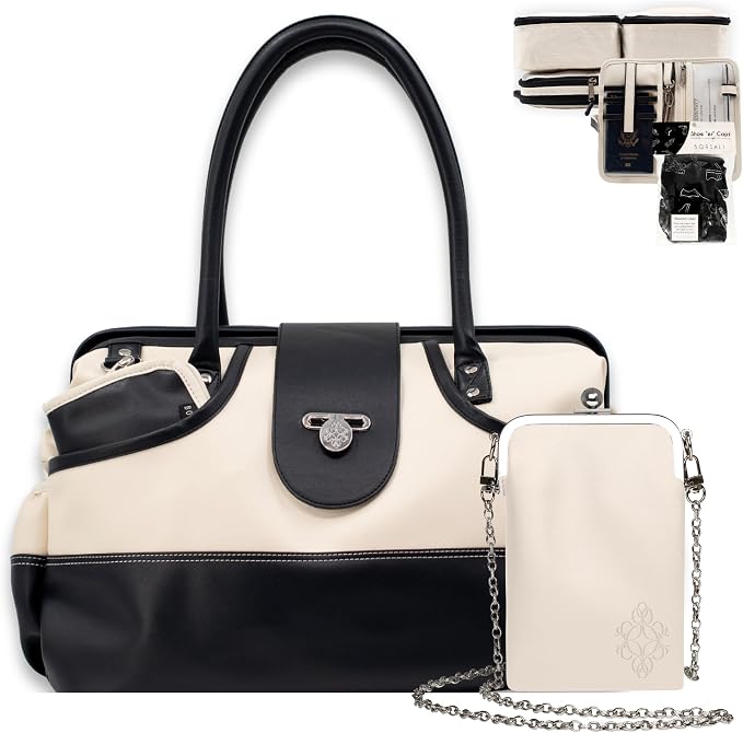 Borsali Weekender Bag for Women - Travel Carry On Duffel -Vegan Leather with Travel Wallet, Packing Cubes, Shoe Covers & Glasses Case (Cream/Cream) by Borsali