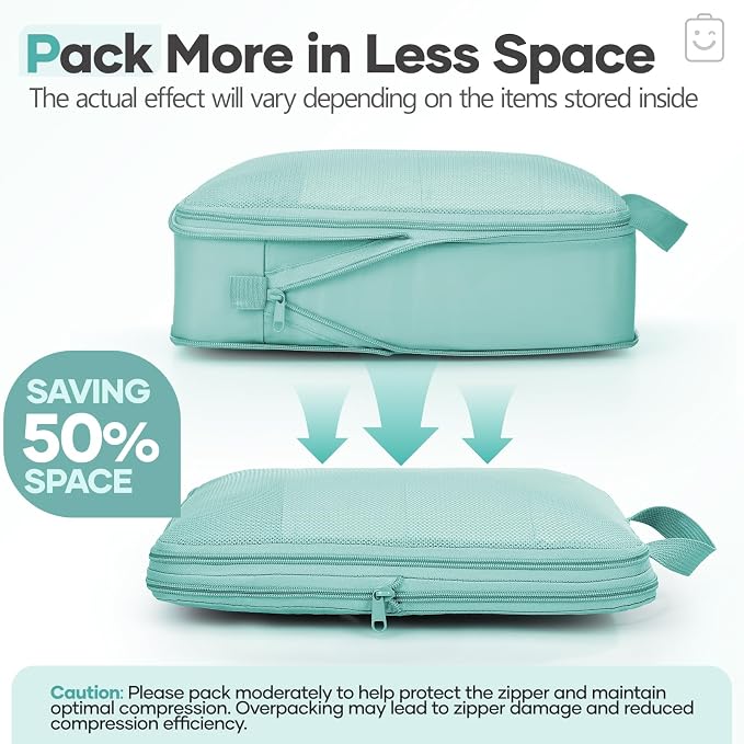 Veken 11 Set Compression Packing Cubes for Travel Essentials,Compressible Expandable Luggage Suitcase Organizer Bags with Garment Bag,Space Saver Bags with Over 1000 pcs of Mesh Holes(Blue Green) - Image 6