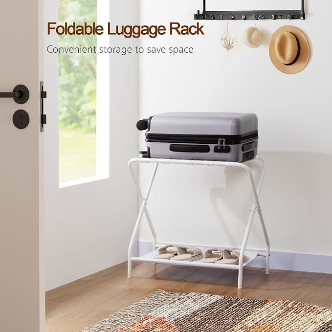 AMHANCIBLE Luggage Rack, Set of 2, Foldable Suitcase Stands for Guest Room, Metal Luggage Holder with Storage Shelf for Bedroom, Hotel, Easy Assemble, White HLR02WT - Image 3