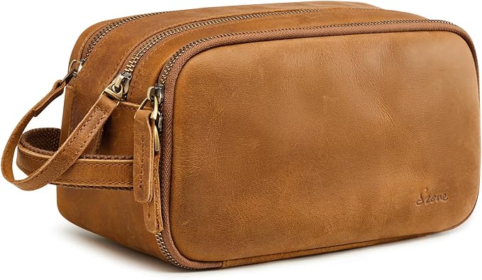 S-ZONE Leather Travel Toiletry Bag for Men Women Cosmetic Shaving Bags | Vintage Top Grain Leather, Multi Compartments, Bronze Hardware, Compact Dopp Kit by S-ZONE