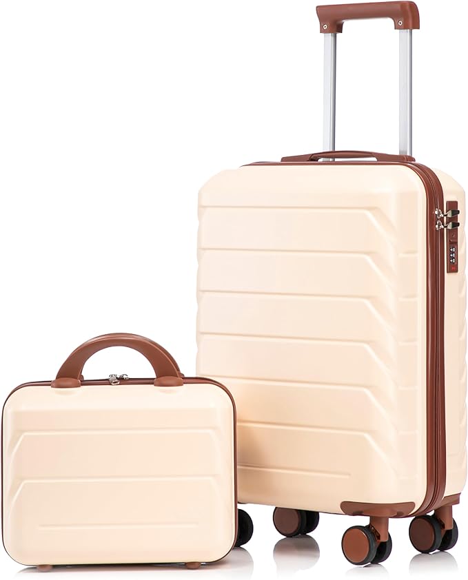 GDFStudio 14/20 Inch 2 Piece Luggage Set with Cosmetic Bag,ABS Hard Shell Spinner Suitcase with Combination Lock,360° Silent Wheels,Retractable Handle, Carry On Travel Luggage with Vanity Case,Beige by GDFStudio