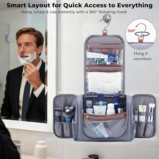 Ralnitote Large Hanging Toiletry Bag for Men, Travel Bathroom Bag with Hook, Hygiene Bag Organizer for Shower, Shaving & Grooming Essentials, Gray - Image 3
