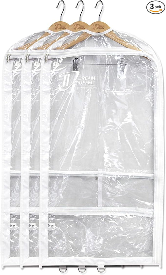 Clear Garment Bags for Dance Costumes 3-Pack, Gusseted, Regular-Size, Side Zipper Entry, Storage Pockets for Accessories, 37”x18”x3”, Dream Duffel by DreamDuffel