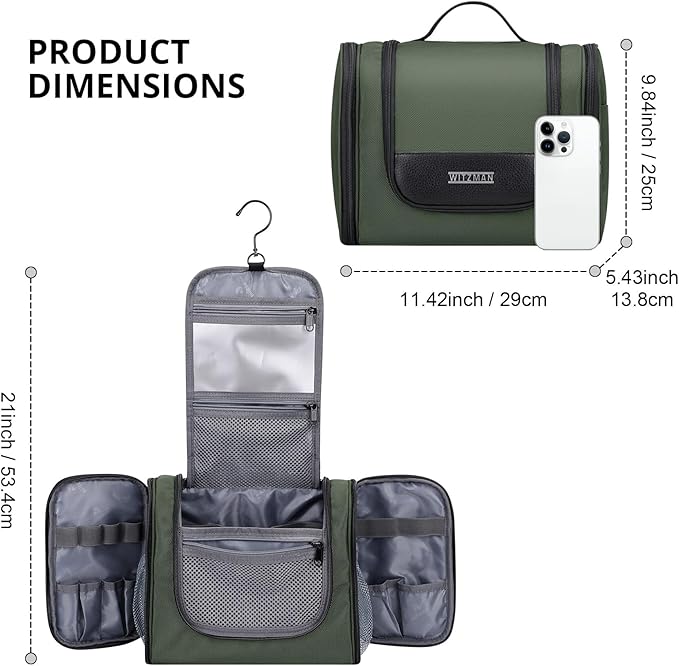 WITZMAN Toiletry Bag for Men Nylon Hanging Water-resistant Shaving Dopp Kit | With Dry-wet Separation Pocket, Multi-pockets for Organized Storage, Lightweight, For Travel, Bathroom, B690 Army Green - Image 6