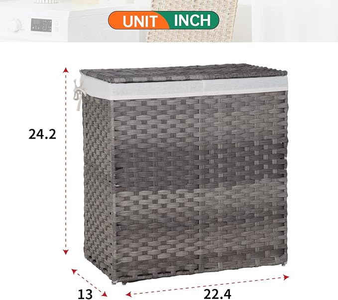 Paylesshere Laundry Basket Handwoven Laundry Hamper 90L/110L Foldable Rattan Laundry Hamper With Lid,2 Removable Liner Bags & 6 Bags,Clothes Bathroom Basket,Grey - Image 8