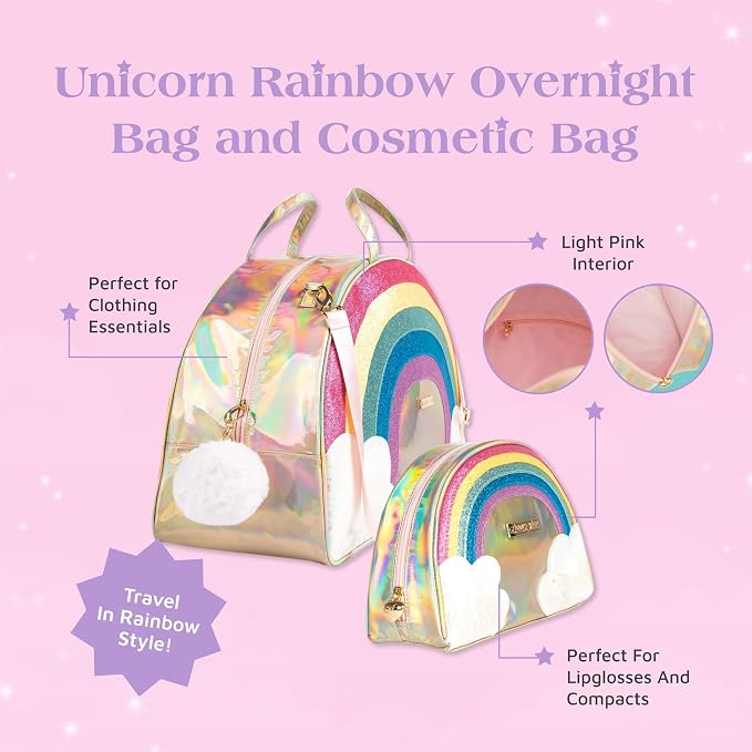 Glimmer Wish Unicorn Rainbow Overnight Bag and Cosmetic Bag for Essentials and Cosmetics, Secure and Organized Travel Bags, Gifts for Teens and Girls - Image 3