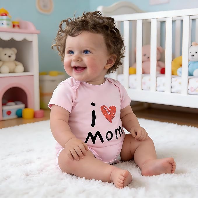 CREVENT Set for Newborns 0-3 Month 100% Cotton Bodysuit- I Love Dad & Mom Onesie 2 Packs (Grey & Pink Rompers with a Cotton Gift Bag) - Image 2