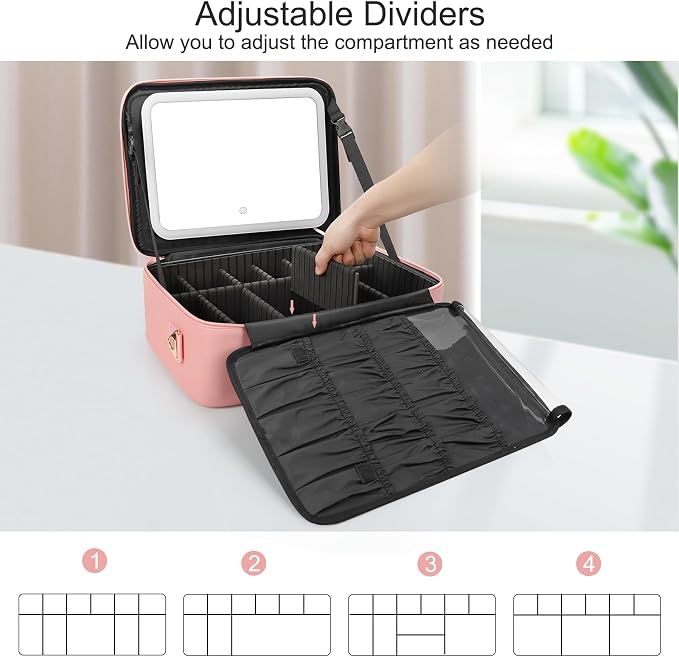 Chomeiu Makeup Bag with LED Mirror, Large Train Case for Makeup Artists, 16.2 inches Travel Professional Cosmetic Organizer with Light Up Mirror, 3 Color Lights, Brush Holder & Shoulder Strap (Pink) - Image 2
