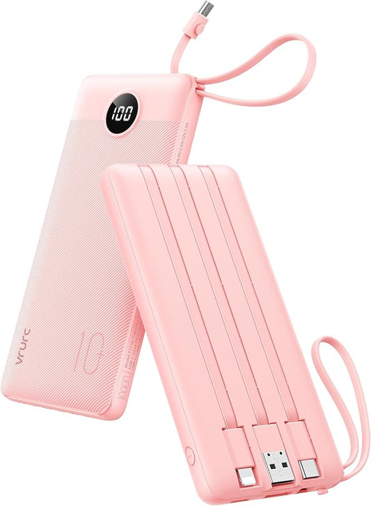 VRURC Portable Charger Power Bank, 10000mAh Travel Essentials Battery Pack, 5 Outputs 2 Inputs Slim Charging Bank Built-in Cables Cords Wires Compatible with iPhone,Samsung,Android-Pink(1 Pack)