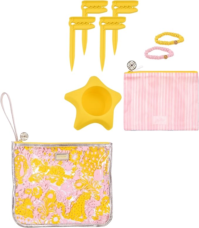 Lilly Pulitzer Water Resistant Vinyl Beach Essentials Paradise Pouch, Zipper Bag Includes 2 Scrunchies, Drink Holder & Towel Stakes (Royal Zoo) by Unknown