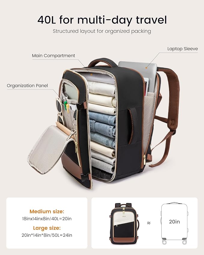 LOVEVOOK Travel Backpack for Women, 40L Carry On Backpack for Airplanes, Personal Item Bag for Airlines Fits 17 inch Laptop, TSA Approved Luggage with 3 Packing Cubes,Waterproof Weekender Gym Backpack - Image 3