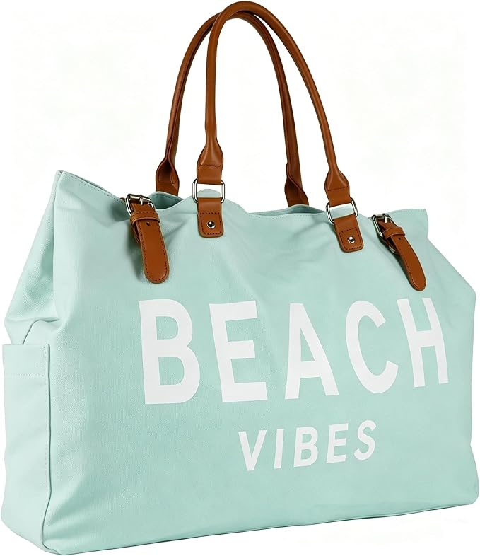 Lamyba Beach Bag with Vegan Leather Handle, Extra Large Beach Bag for Women Waterproof Sandproof, White | with Vegan Leather Handle - Image 4
