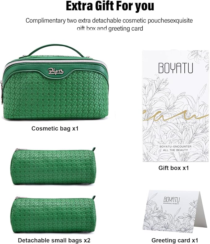 BOYATU Travel Makeup Bag Cosmetic Bags for Women: Large Capacity 3 Pcs Set Make up Bag with Compartments - Waterproof Vegan Leather Toiletry Organizer Bags with Handle (L38 Green) - Image 5