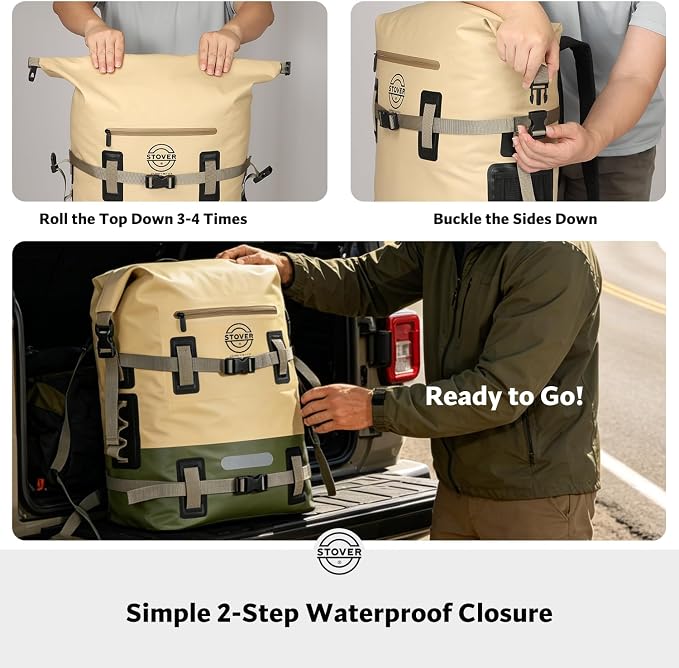 STOVER 30/40/55L Waterproof Dry Backpack & Phone Case - 2XL Floating Dry Bag for Kayaking, Travel, Hiking, Fishing, Camping, Motorcycles & Beach, Heavy-Duty Roll Top Men/Women (Tan/Army Green/Brown) - Image 7