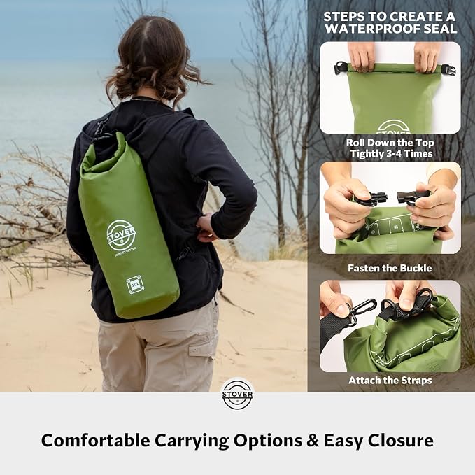STOVER 5/10/25/30/40L Waterproof Dry Bag, Medium Lightweight Roll Top Dry Bag Backpack w/Waterproof Phone Case, Kayaking, Travel, Hiking, Fishing, Tubing, Camping, the Beach, Men/Women (Green) - Image 5
