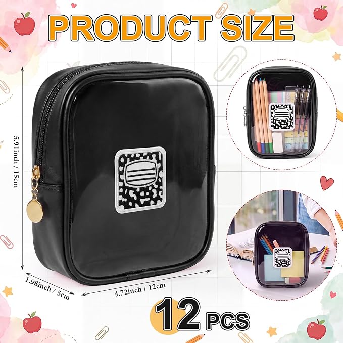 12 Pack Back to School Clear Makeup Bag, PVC Cosmetic Pouch with Composition Notebook Embroidery, Teacher Appreciation Gift, Small Waterproof Leather Travel Bag for Women, Black - Image 2