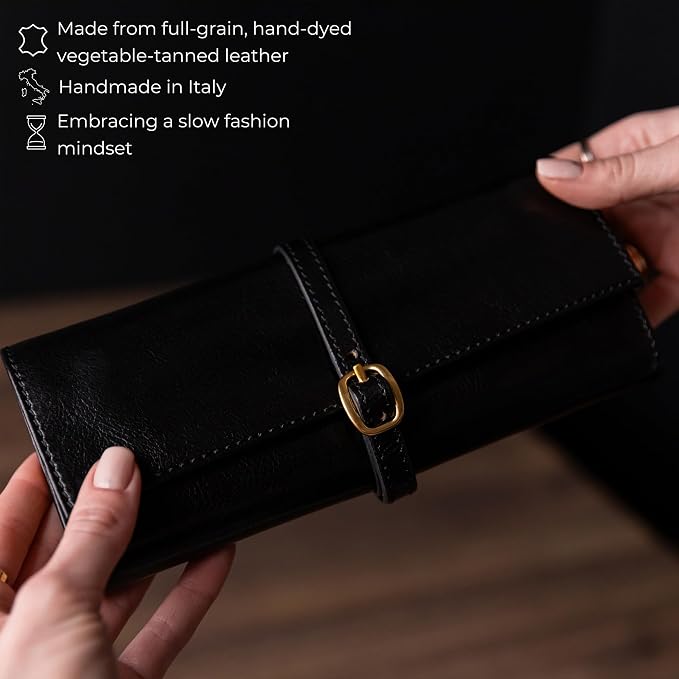 Time Resistance Leather Jewelry Roll - Full Grain Leather Travel Jewelry Case - Jewellery Organizer Made in Italy (Black) - Image 4