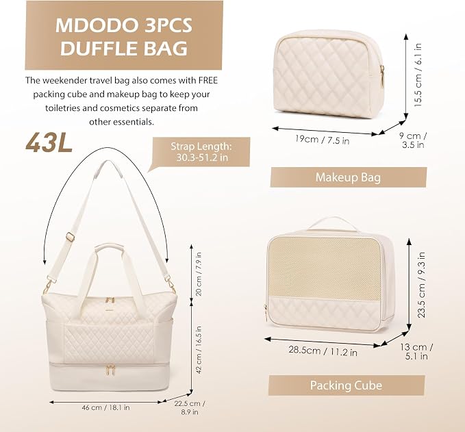 MDODO Travel Duffel Bag for Women Weekender Overnight with Wet Pocket Shoes Compartment Carry on Tote Duffle Bag for Business, Trips, Travel, Sports, Gym, Yoga, Hospital, 3 Pcs Set, 43L, Beige - Image 2
