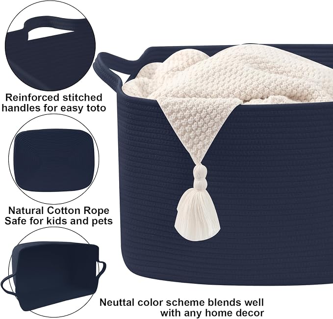 65L Collapsible Woven Rope Laundry Basket with Handles,Navy | 21x16x12 Foldable Rectangular Blanket Basket for Toys, Clothes & Pillows,Ideal for Nursery, Bathroom, Bedroom, Living Room - Image 3